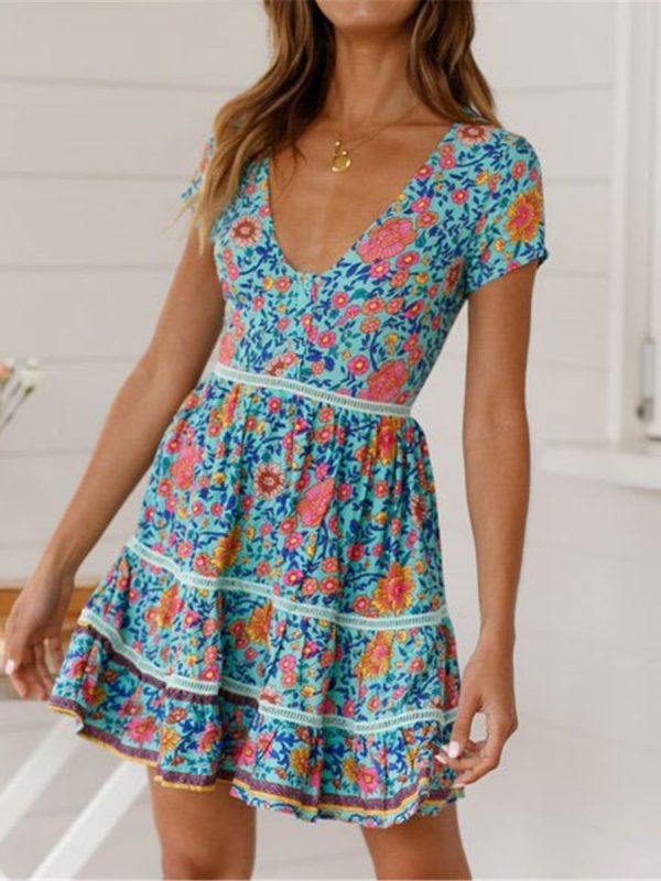 Bohemia Style V Collar Floral Printed Vacation Dress – chastett