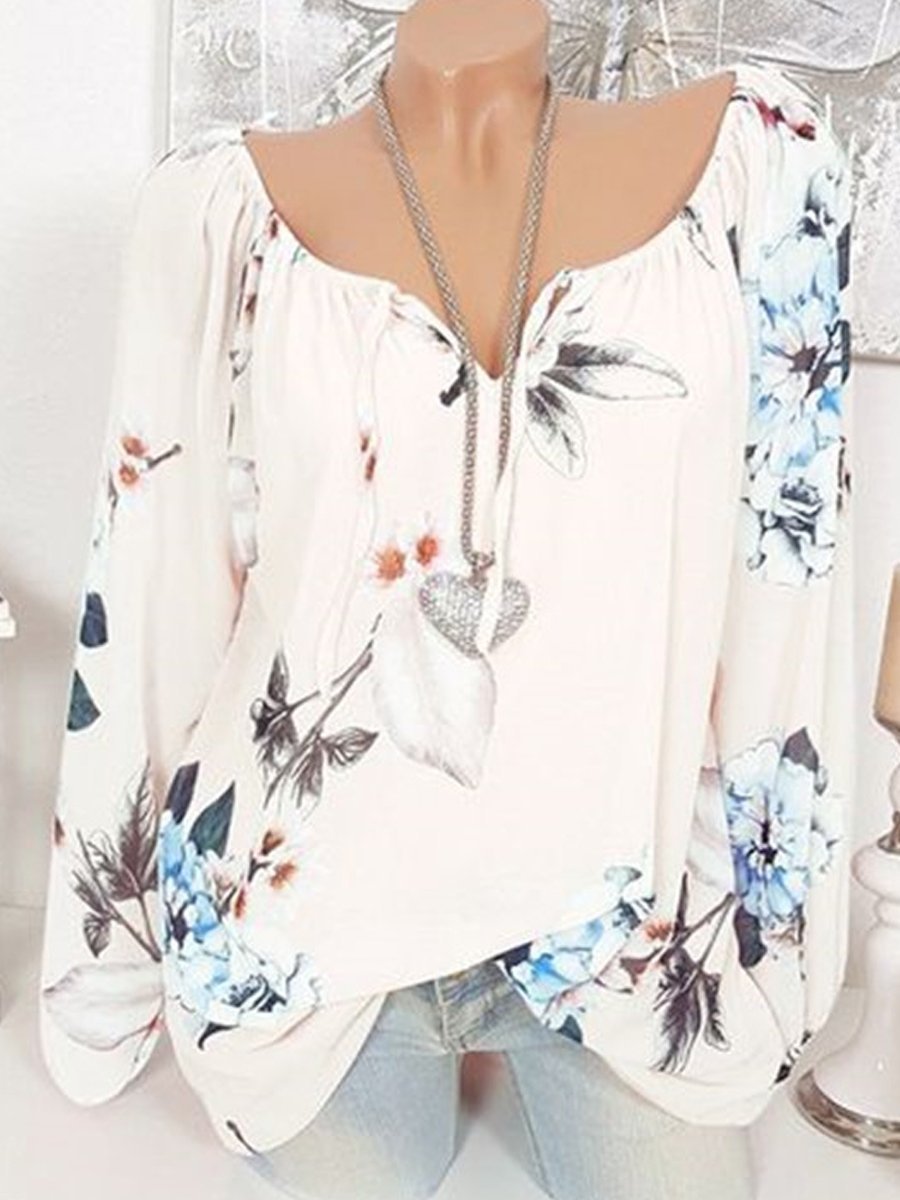 Autumn Spring Polyester Women Tie Collar Floral Printed Long Sleeve ...