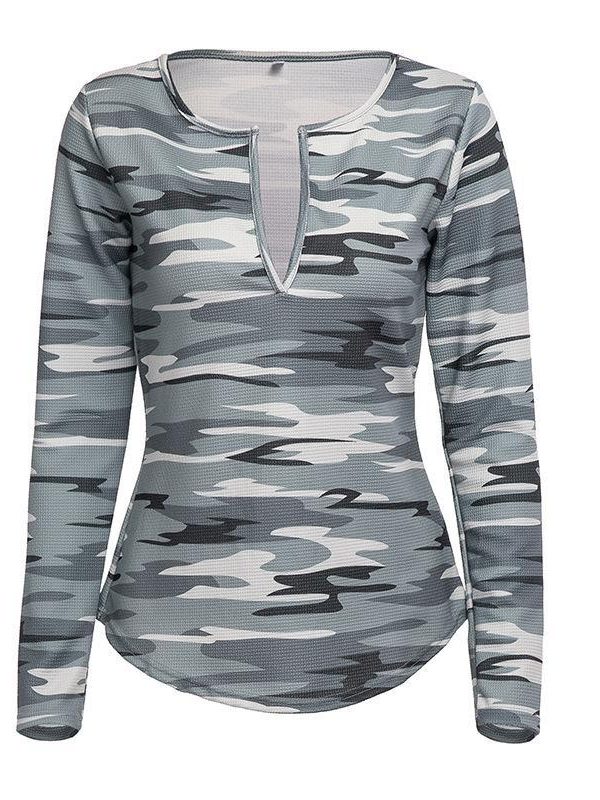 Casual V-Neck Camouflage Printed Long Sleeve T-Shirt – chastett