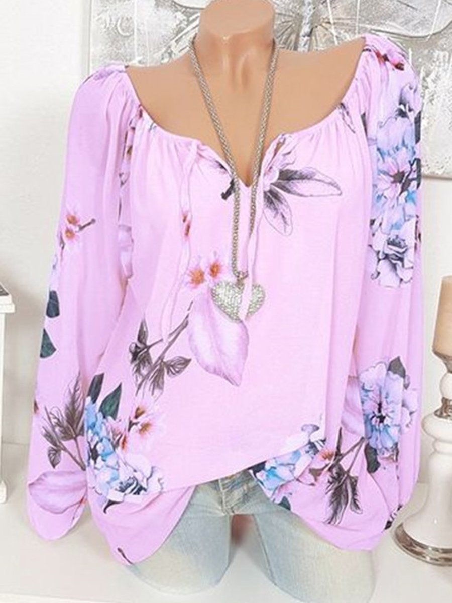 Autumn Spring Polyester Women Tie Collar Floral Printed Long Sleeve ...